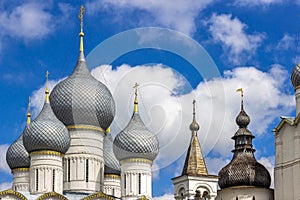 Russia, Rostov, July 2020. Domes and gabled roofs of towers in the Kremlin.