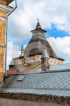 Russia, Rostov, July 2020. An old stone wall tower with an observation deck.