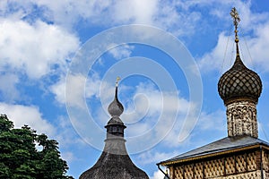 Russia, Rostov, July 2020. The roof of the watchtower and the dome of the church.