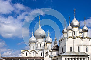 Russia, Rostov, July 2020. The sky and the Orthodox Cathedral in the Kremlin.