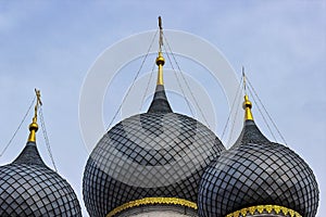 Russia, Rostov, July 2020. Three domes of the church close-up.