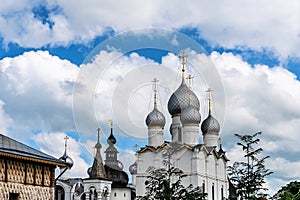 Russia, Rostov, July 2020. Towers and cathedrals of the Kremlin on the background of the cloudy sky.