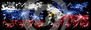 Russia, Russian vs Philippines, Filipino New Year celebration sparkling fireworks flags concept background. Combination of two