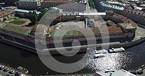 Russia, Saint-Petersburg, Aerial view panorama field of Mars, Trinity bridge, Peter and Paul fortress, roofs, Summer