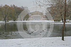 Russia, Saint Petersburg, cloudy snowy winter day, snowfall blizzard large snow lake in Yusupovsky Park
