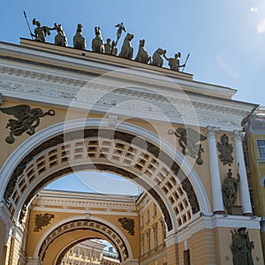 View of the Triumphal Arch of the General Staff Building on Palace Square on a warm sunny spring day