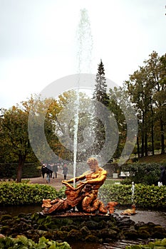 Russia Saint petersburg Petergof Palace fountain autumn