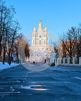 Russia, Saint-Petersburg. Smolny Cathedral in winter day