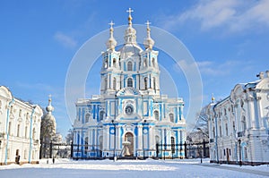 Russia, Saint-Petersburg. Smolny monastery in winter day