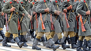 Historical reconstruction of the battle of the Second World War. The soldiers are building in the area