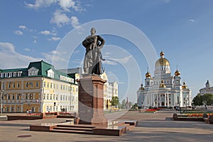 Russia. Saransk. St. Theodor Ushakov`s cathedral and the monument of Admiral Feodor Ushakov during winter