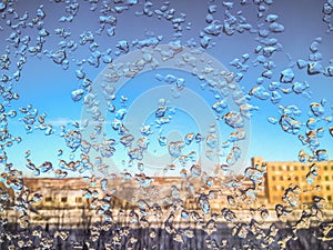 Russia, Severodvinsk. Frosty pattern at a winter window glasse. Beautiful background photo