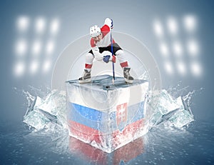 Russia - Slovakia game. Face-off player on the ice cube.