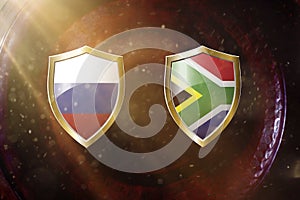 Russia and south africa flag in golden shield on copper texture background.3d illustration