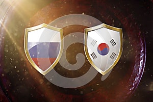 Russia and south korea flag in golden shield on copper texture background.3d illustration