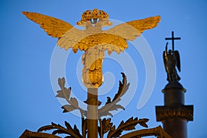 Russia, St.Peterburg. Golden double-headed eagles on the main forged gate of the State Hermitage