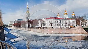 Russia, St. Petersburg, 01 April 2021: St. Nicholas Naval Cathedral belltower in a clear sunny day of spring, an ice