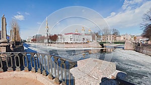 Russia, St. Petersburg, 01 April 2021: St. Nicholas Naval Cathedral belltower in a clear sunny day of spring, an ice
