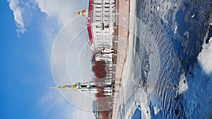 Russia, St. Petersburg, 01 April 2021: St. Nicholas Naval Cathedral belltower in a clear sunny day of spring, an ice