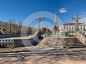 Russia, St. Petersburg, 01 April 2021: St. Nicholas Naval Cathedral belltower in a clear sunny day of spring, an ice