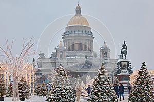 Russia, St Petersburg, 30 December 2023: people walk among Christmas trees in heavy snowfall, a park organized on