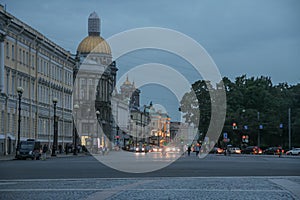 Russia, St. Petersburg, evening night city, evening lights of the city, view of St. Isaac`s Cathedral, summer evening, white night