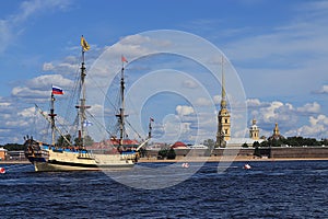 Russia, St. Petersburg, July 21, 2019, Frigate Poltava in the waters of the Neva and the Peter and Paul Fortress, preparing for