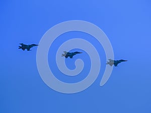 Russia, St. Petersburg - June 24, 2020: Russian Su-34 fighter demonstrates a demonstration flight at the parade dedicated to the