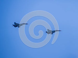 Russia, St. Petersburg - June 24, 2020: Demonstration flight of two Russian-made su-30SM multirole fighters. Russian