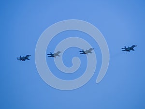 Russia, St. Petersburg - June 24, 2020: Demonstration flight of two Russian-made su-30SM multirole fighters. Russian