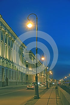 Russia, St. Petersburg, lanterns on Dvortsovaya Embankment