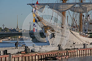 Russia, St. Petersburg, the Neva River in summer. Berth, a magnificent sailing ship of Ecuador in close-up. The flag of Ecuador. A