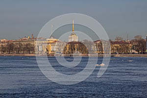 Russia, St. Petersburg, spring, ice drift on the river. Expressive architecture, historical buildings, the Admiralty. Bright dayli