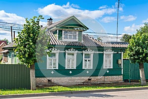 Russia, Staraya Russa, August 2021. Interesting country house with carved platbands.