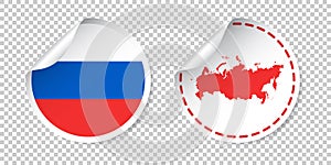 Russia sticker with flag and map. Russian Federation label, round tag with country. Vector illustration on isolated background.