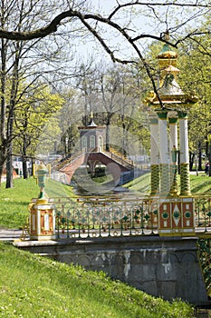 Russia. Suburb of St. Petersburg Pushkin. Krestovy Bridge 18th century and Small Chinese bridge 1786 on Krestovy Canal in the A