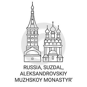 Russia, Suzdal, Aleksandrovskiy Muzhskoy Monastyr' travel landmark vector illustration