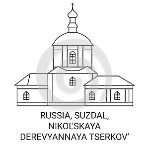 Russia, Suzdal, Nikol'skaya Derevyannaya Tserkov' travel landmark vector illustration