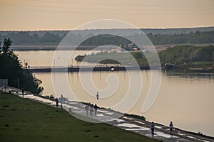 Russia, Syktyvkar, Komi Republic, Sysola River embankment in summer, pier, ships, modern and old buildings, contrast of time, life