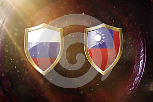 Russia and taiwan flag in golden shield on copper texture background.3d illustration