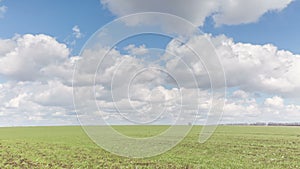 Russia, timelapse. The movement of clouds over the fields of winter wheat in early spring in the vast steppes of the Don.