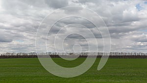 Russia, timelapse. The movement of clouds over the fields of winter wheat in early spring in the vast steppes of the Don.