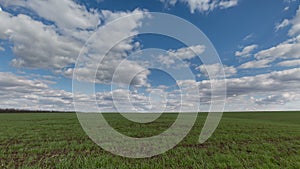 Russia, timelapse. The movement of clouds over the fields of winter wheat in early spring in the vast steppes of the Don.