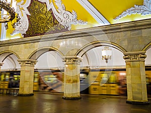 Russia, train passing in Komsomolskaya metro station, Moscow underground photo