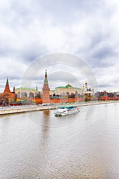 Russia Travel Destinations. Moscow Kremlin on Moskva River During Daytime. View from Bridge In Cloudy Day