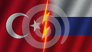 Russia and Turkey Flags Together, Fabric Texture, Thunder Icon, 3D Illustration