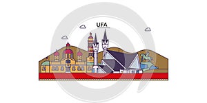 Russia, Ufa tourism landmarks, vector city travel illustration