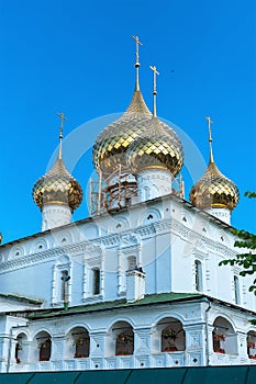 Russia, Uglich, July 2020. The golden domes of the five-domed cathedral against the blue sky.