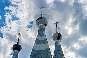 Russia, Uglich, July 2020. Thunderclouds over the domes of the ancient cathedral.