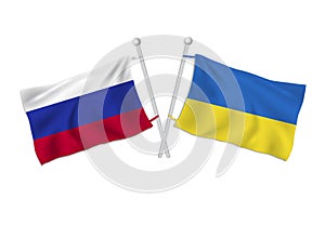 Russia and Ukraine flag waves on a flagpole, white background